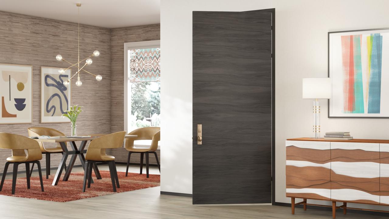 TMF1000 modern flush wood door in walnut with Slate stain.