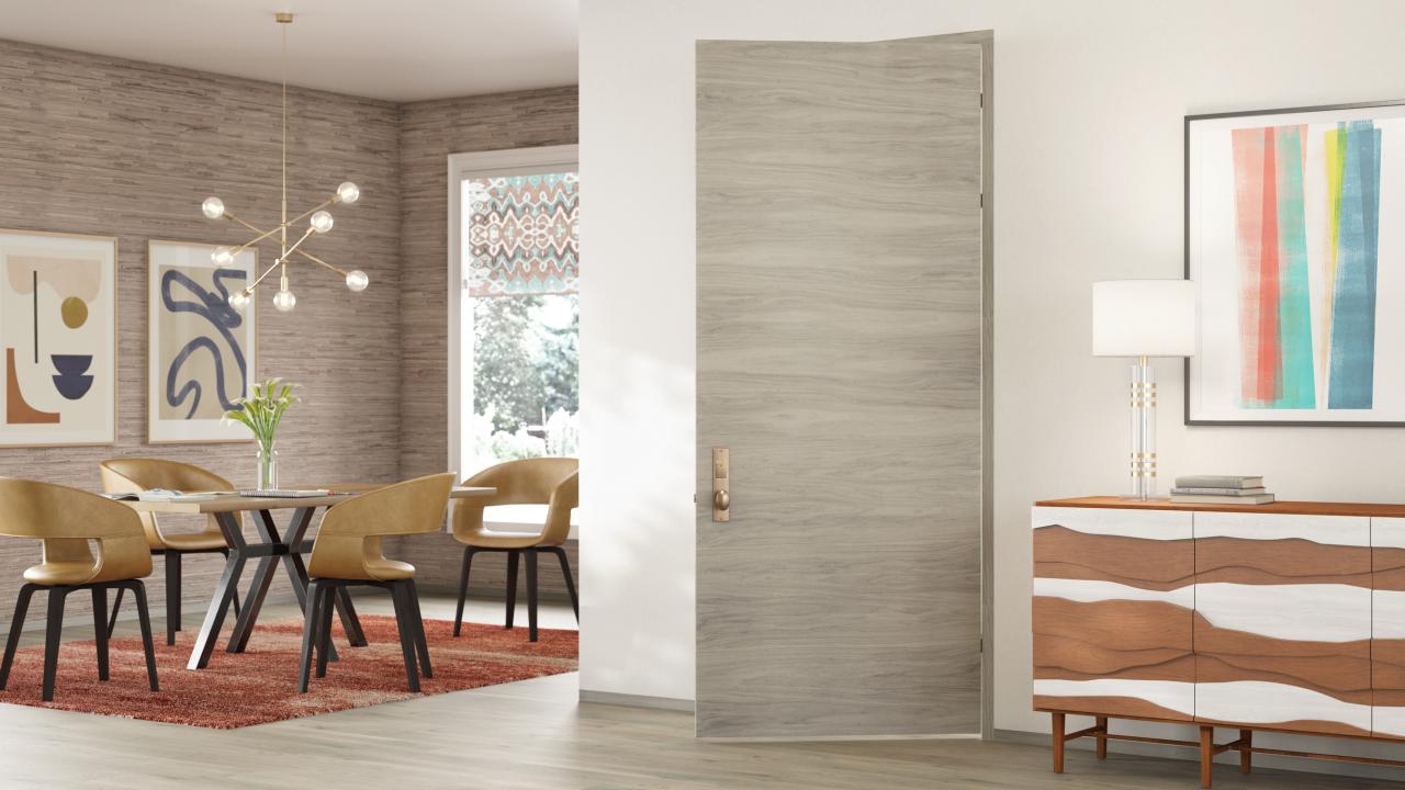 TMF1000 modern flush wood door in walnut with Bleached stain.