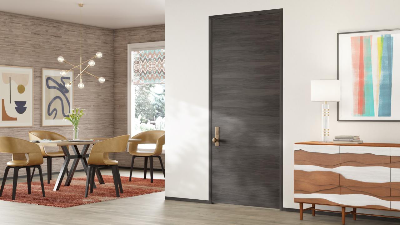 TMF1000 modern flush wood door in walnut with Slate stain.