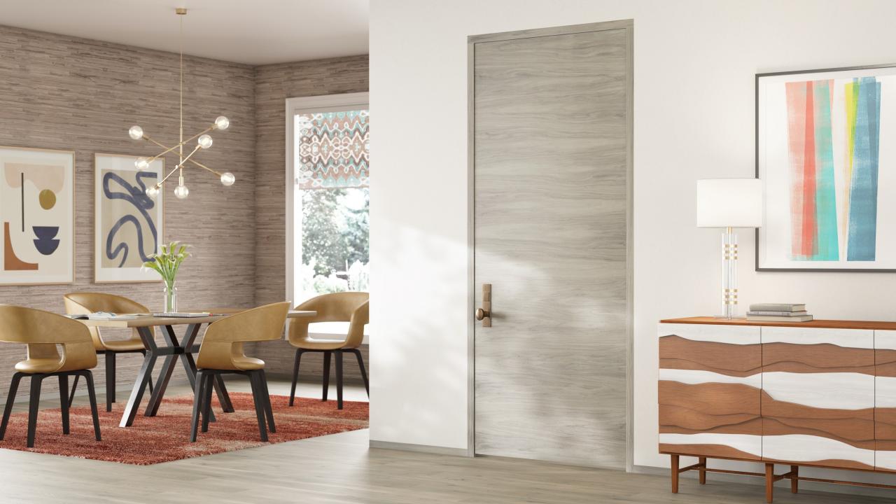 TMF1000 modern flush wood door in walnut with Bleached stain.