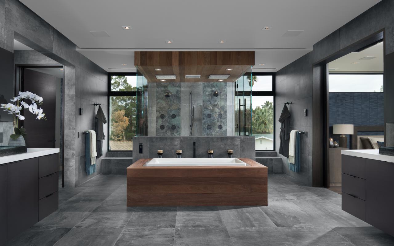 Master bath features TMF1000 flush doors in walnut with Ebony stain.