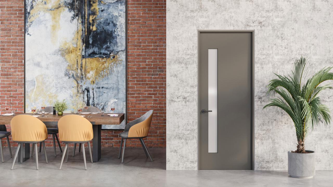tmfg1010 in mdf with white lami glass set in an industrial style dining room.