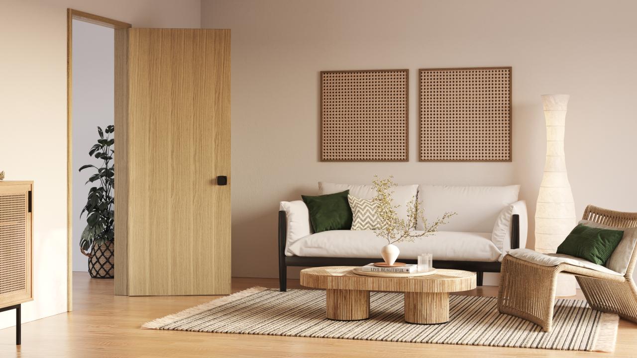 TMF1000 wooden flush door set in a Japandi style living room.