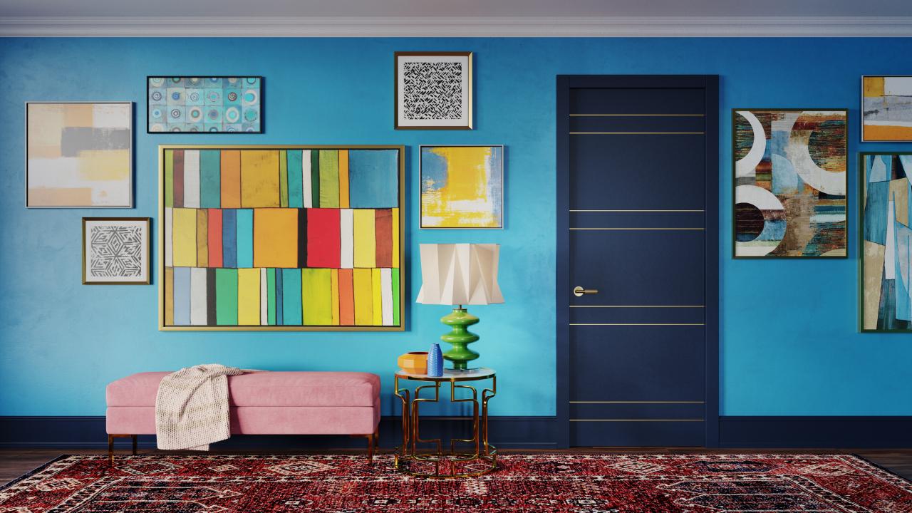 tmir4200 modern flush door with brass metal inlays set in a maximalist style space.