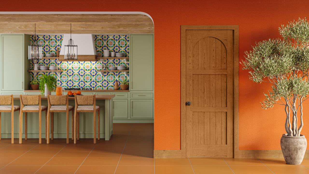 VG3030 wooden v-groove door set in a Mediterranean style kitchen space.