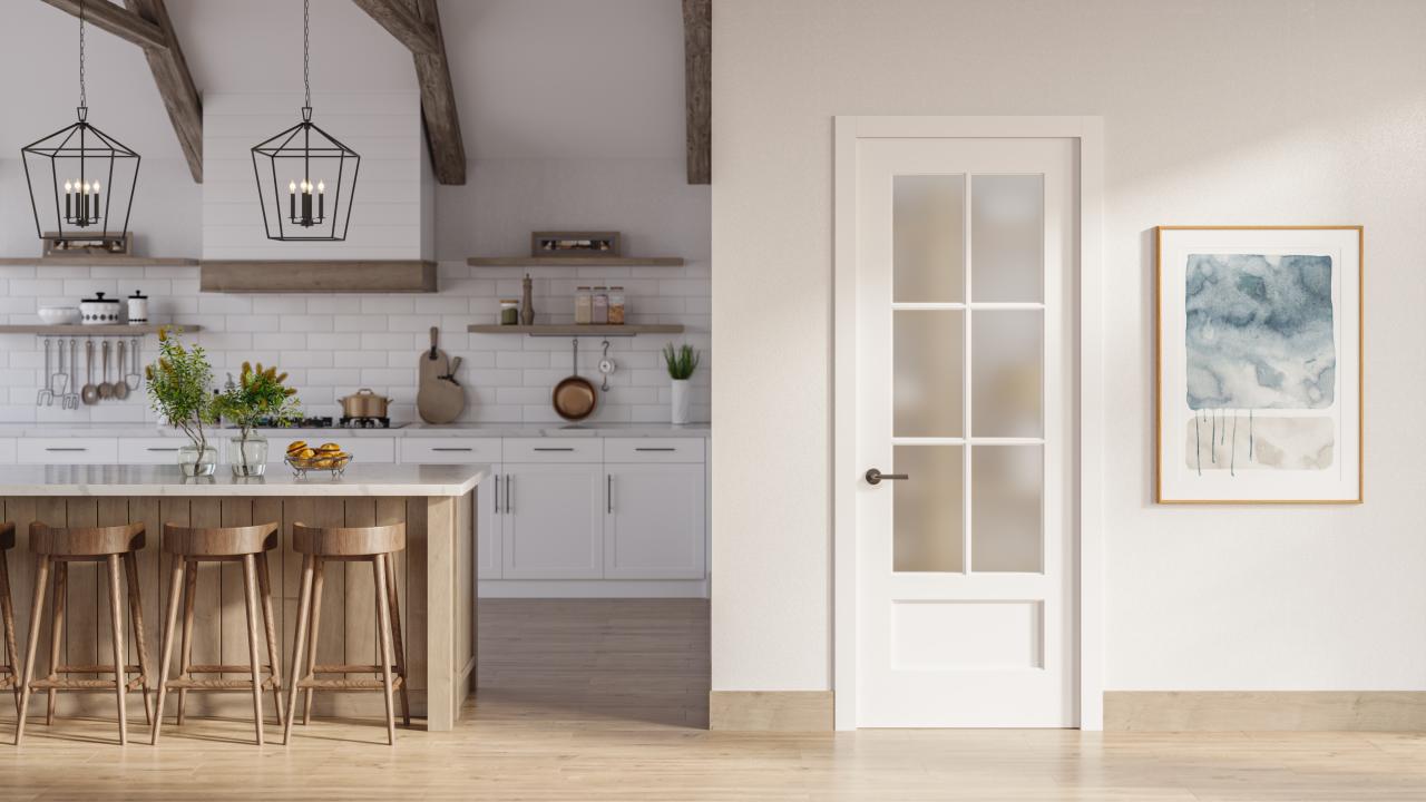 FL616 mdf door with frosted glass set in a modern farmhouse kitchen space.
