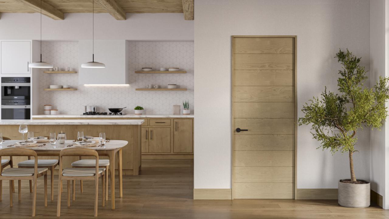 TMIR10000 wooden flush door with kerf cuts set in a Nordic style kitchen space.