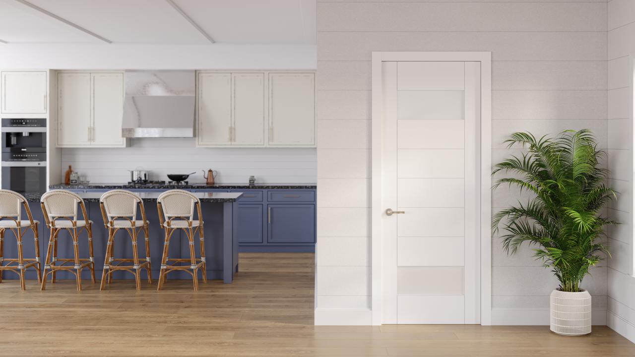 tm9110 modern door set in a light, coastal kitchen.