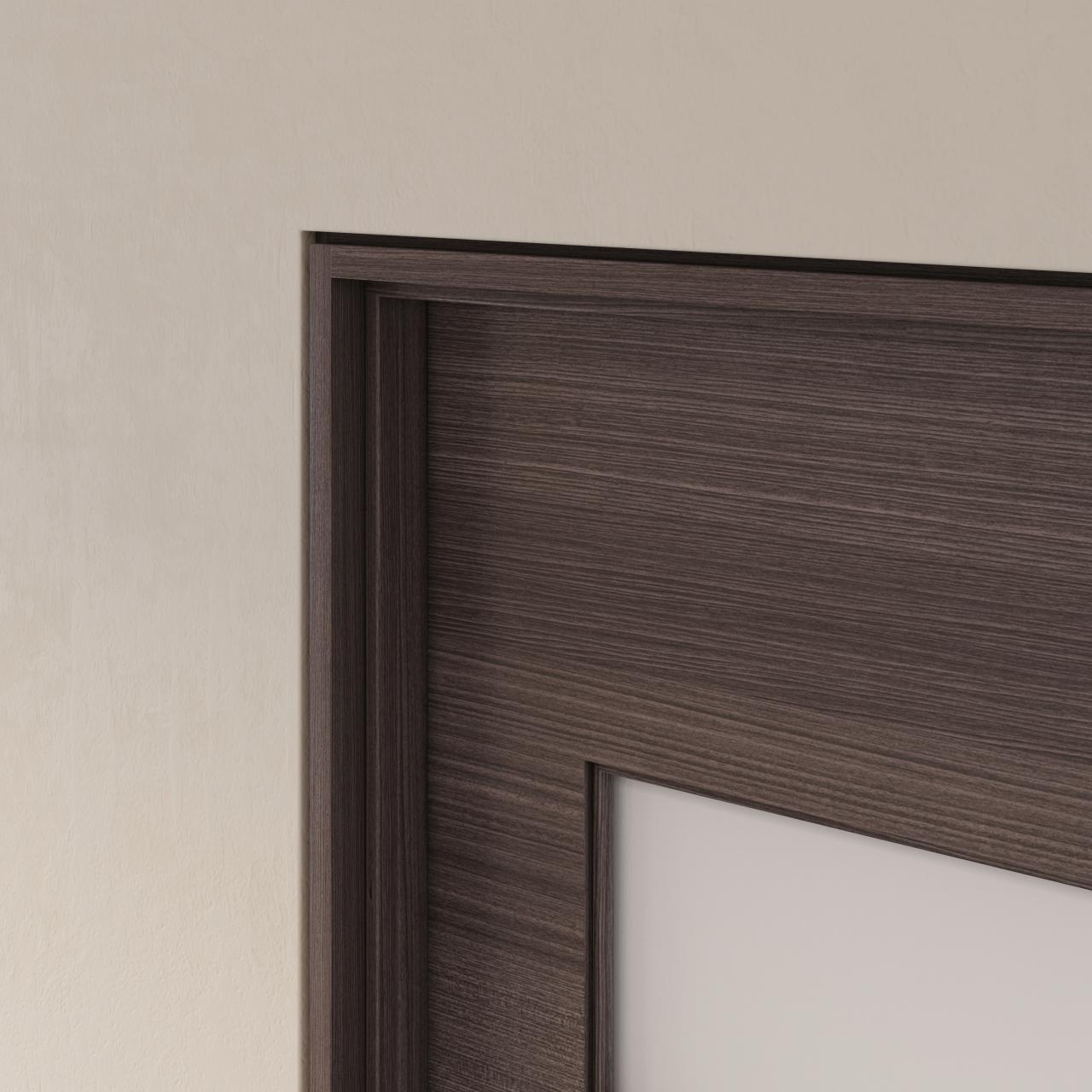 TMFG2012 in mahogany with Slate finish, stopped-in white lami glass, and flush-to-wall with jamb reveal