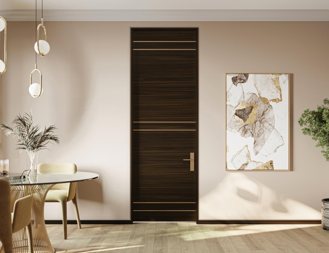 TMIR3200 in mahogany with Espresso finish, 1/2” Brushed brass inlay, and flush-to-wall jamb with 1/2” Z-reveal trim