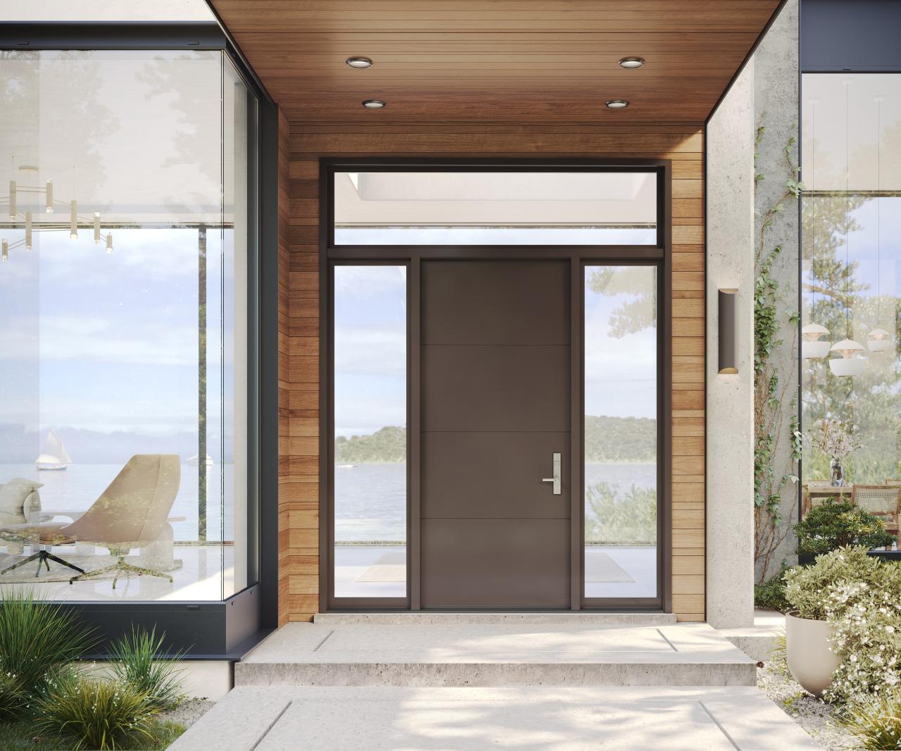 TMIR4000 Resilient™ wood entry door with 1/4" kerf cut reveal is surround by glass to maximize the view.