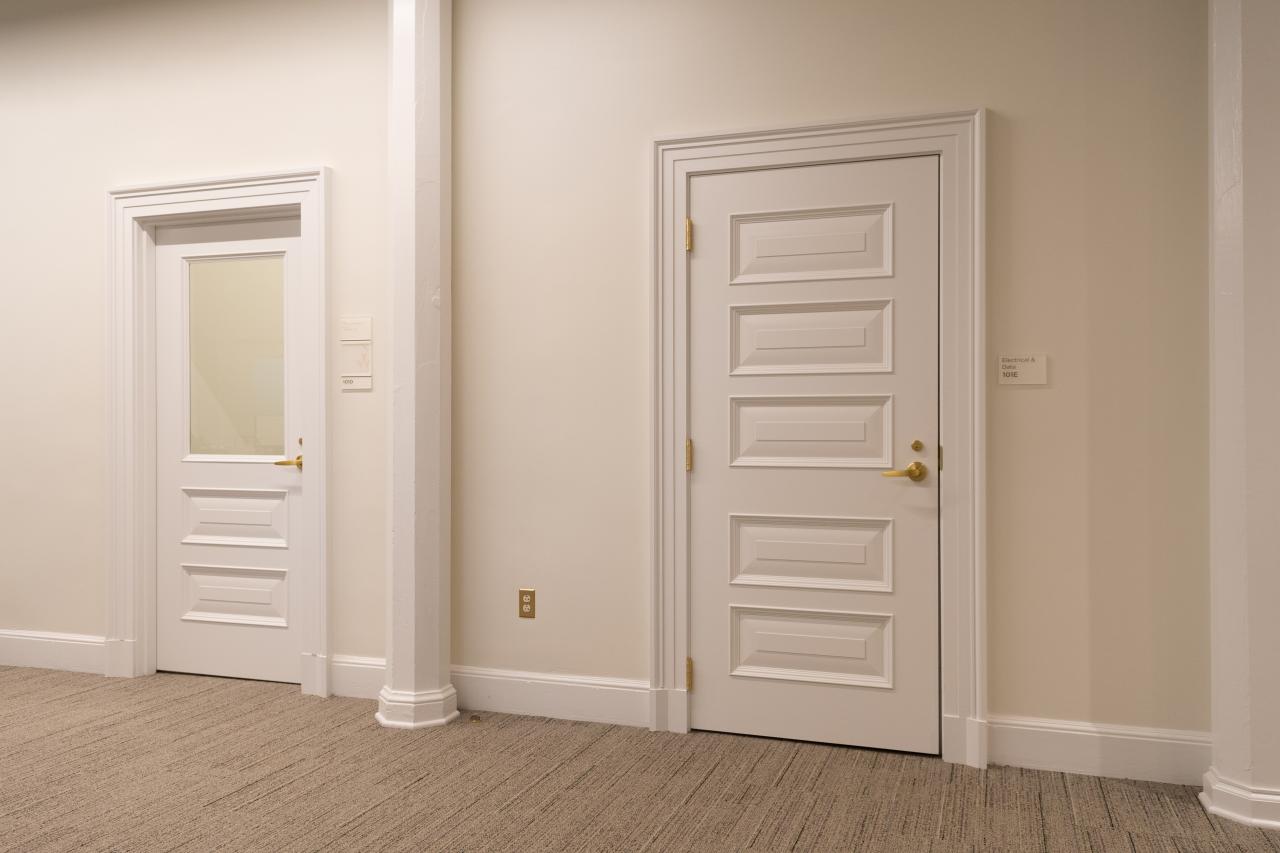 Custom MDF doors with clear glass, Bolection (BM) moulding and Senior Raised (E) panel.