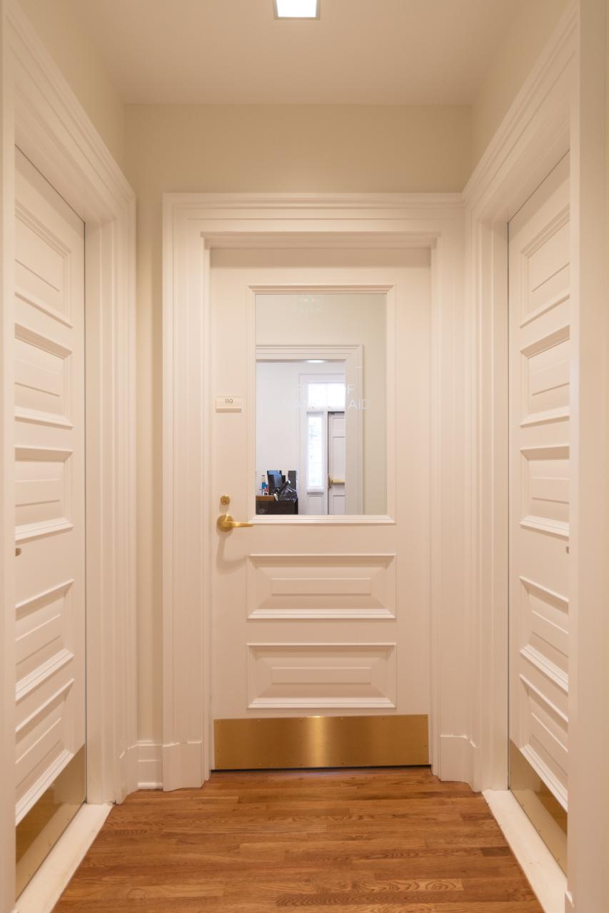 Custom MDF doors with clear glass, Bolection (BM) moulding and Raised (E) panel.