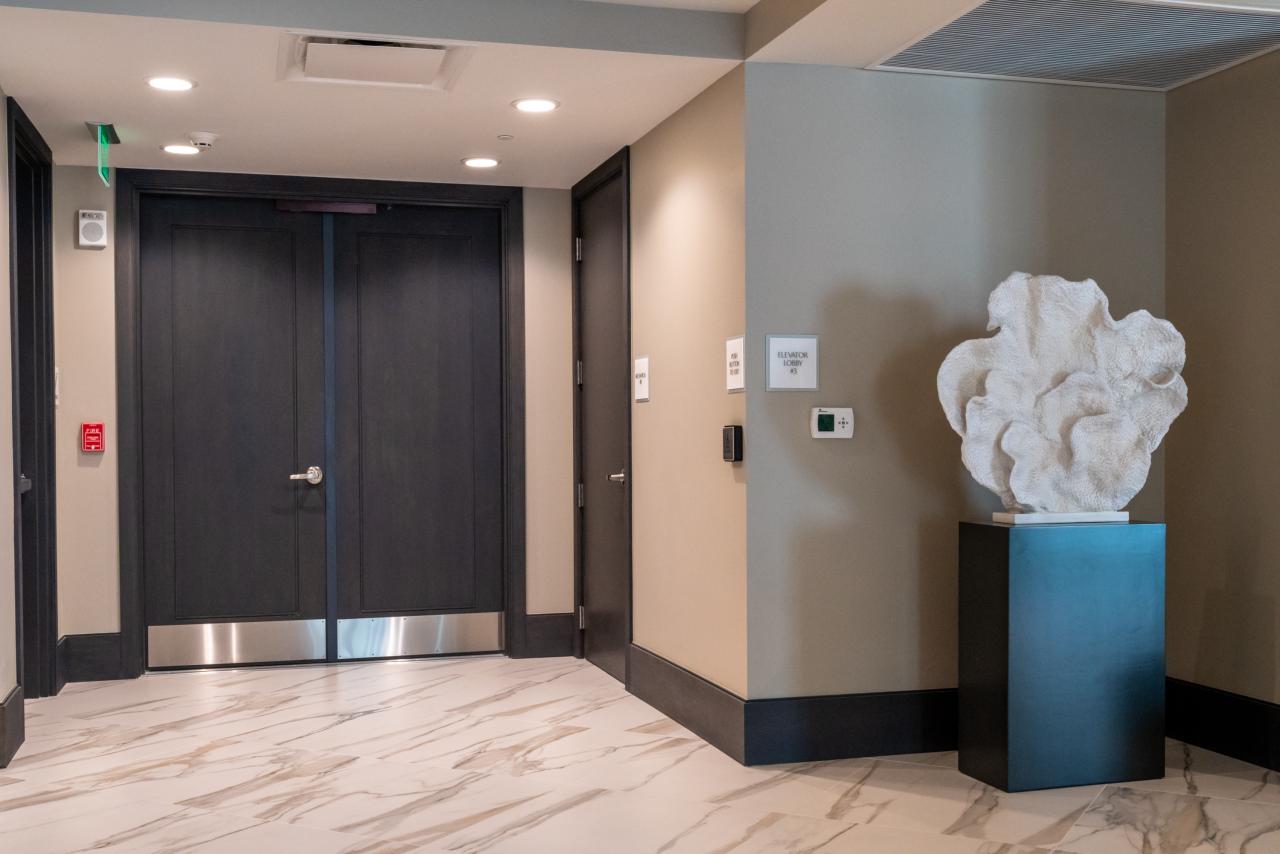 Condominium tower featuring TS1000 doors, in rift sawn white oak with Quirk (QM) moulding and Flat (C) panel in lobby.