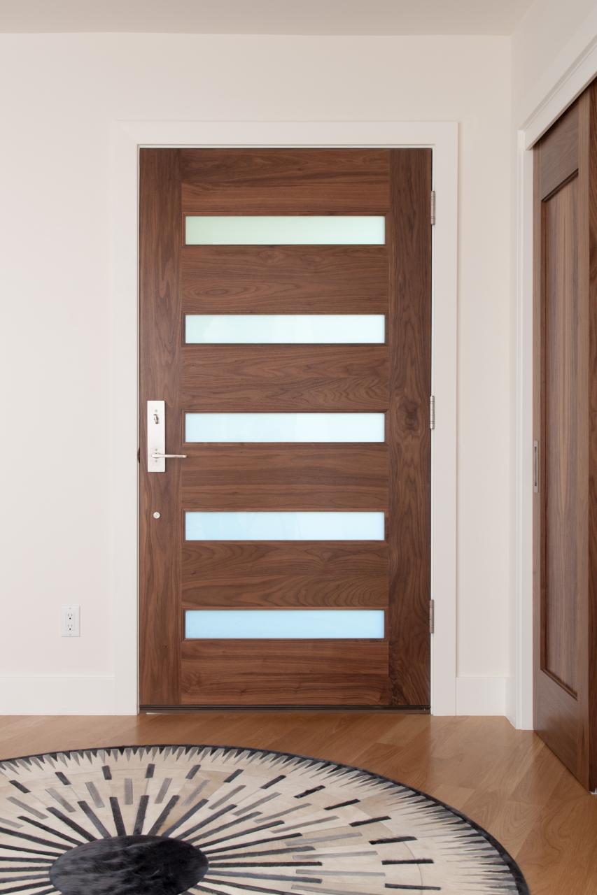 TM5100 exterior door in walnut with white lami glass and one step (OS) sticking