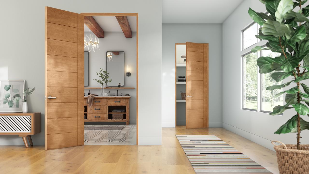 This bathroom features a TMIR9001 door in white oak with 1/4" kerf cut reveals and Nutmeg stain