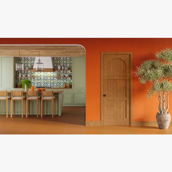 VG3030 wooden v-groove door set in a Mediterranean style kitchen space.
