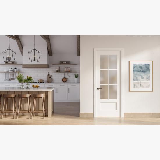 FL616 mdf door with frosted glass set in a modern farmhouse kitchen space.