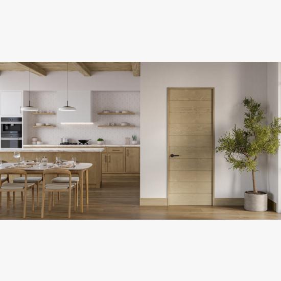TMIR10000 wooden flush door with kerf cuts set in a Nordic style kitchen space.