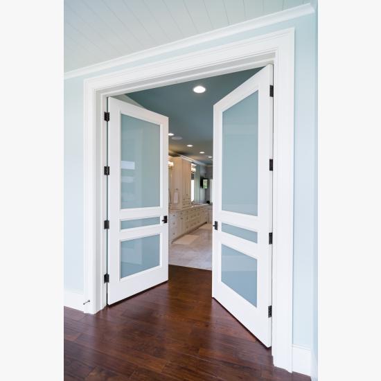 Master bath features a pair TS3070 doors in MDF with Bolection moulding (BM) and frosted glass