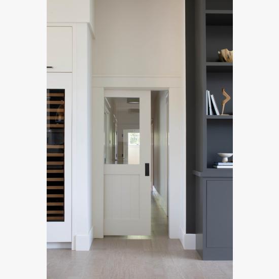 VG2100 pocket door in MDF with Square Stick (SS) sticking, V-groove panel and top panel replace with clear glass.