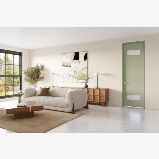 TMFG2012 in MDF with stopped-in white lami glass and flush-to-wall with jamb reveal