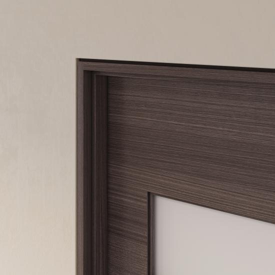 TMFG2012 in mahogany with Slate finish, stopped-in white lami glass, and flush-to-wall with jamb reveal