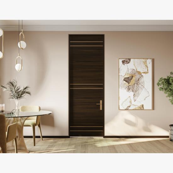 TMIR3200 in mahogany with Espresso finish, 1/2” Brushed brass inlay, and flush-to-wall jamb with 1/2” Z-reveal trim