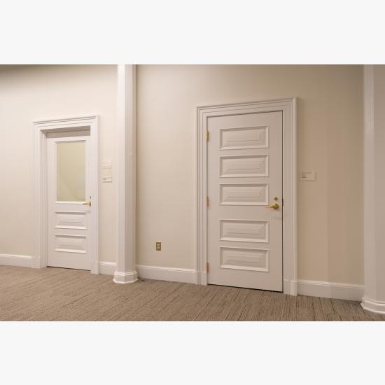 Custom MDF doors with clear glass, Bolection (BM) moulding and Senior Raised (E) panel.