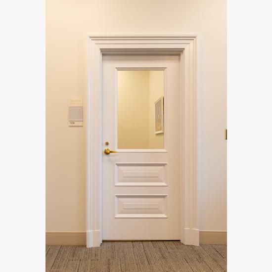 Custom MDF door with clear glass, Bolection (BM) moulding and Raised (E) panel.