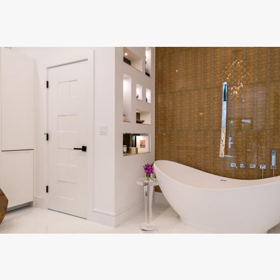 This modern master bath features TM9420 doors in MDF with flat panel inserts.