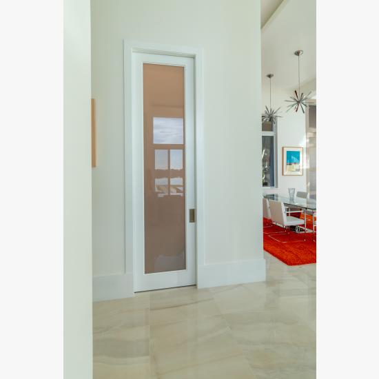 Powder room featuring TS1000 in MDF with One Step sticking and White Lami glass.