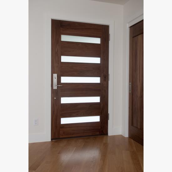 TM5100 exterior door in walnut with white lami glass and one step (OS) sticking