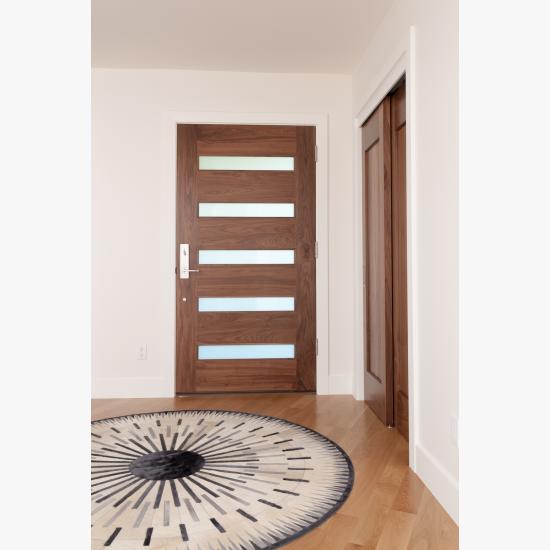 TM5100 exterior door in walnut with white lami glass and one step (OS) sticking