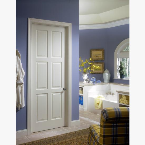 This bathroom features a TS6080 in MDF with custom sticking and raised (A) panel.