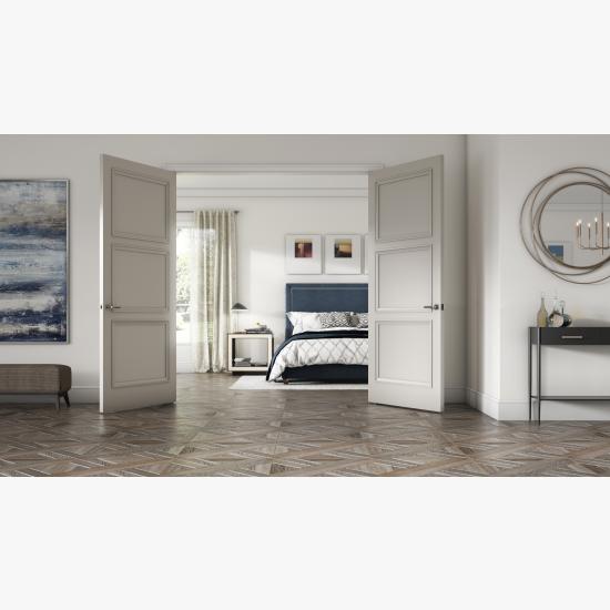 Pair of TS3000 doors in MDF with Evoke (EV) applied moulding and Flat (C) panel.