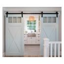 Pair of PL143 barn doors in MDF with clear glass, Square Stick (SS) sticking and custom plant-on accents.