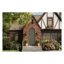 Radius top VG1040-ES401 Resilient Wood Entry System with vertical plank detailing and Multi-Point Lock hardware on a Tudor-inspired brick home.