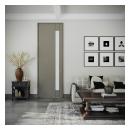 TM1010 in MDF 1/4” kerf cut reveal with stopped-in white lami glass and projected jamb with inset door