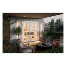 White glass-panel patio doors opening to a warmly lit interior.