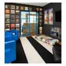 A vibrant pair of TMUN3000 pocket doors in MDF with clear glass and Square Stick (SS) sticking open to a media room.