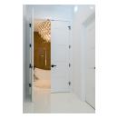 This modern master bath features TM9420 doors in MDF with flat panel inserts.