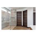 This master bath features TMIR6000 doors in mahogany with ½" bright stainless steel inlay. Builder provided stain finish.