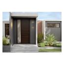 Modern TMF1000 entry system in mahogany with Ebony finish and white lami glass
