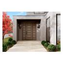 TM9340 entry system in mahogany with Grey Mist stain, ¼" kerf cut reveals and White Lami glass