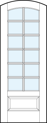 arch top French glass front door with 12 rectangle true divided lites, slight rounded top and raised bottom panel