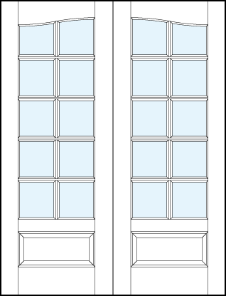 common arch pair front glass French doors with ten square true divided lites, slight top panel arch and bottom raised panel