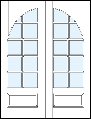 pair of French glass doors with common rounded arch top panel, squared true divided lites and bottom raised panel