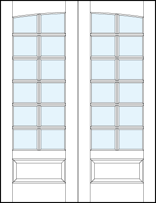 common arch pair of French glass front doors with 12 rectangle true divided lites, slight rounded top and raised bottom panel