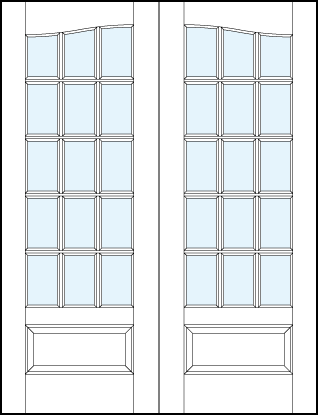 common arch pair of front French glass doors with 15 square divided lites, bottom raised panel and cathedral door top